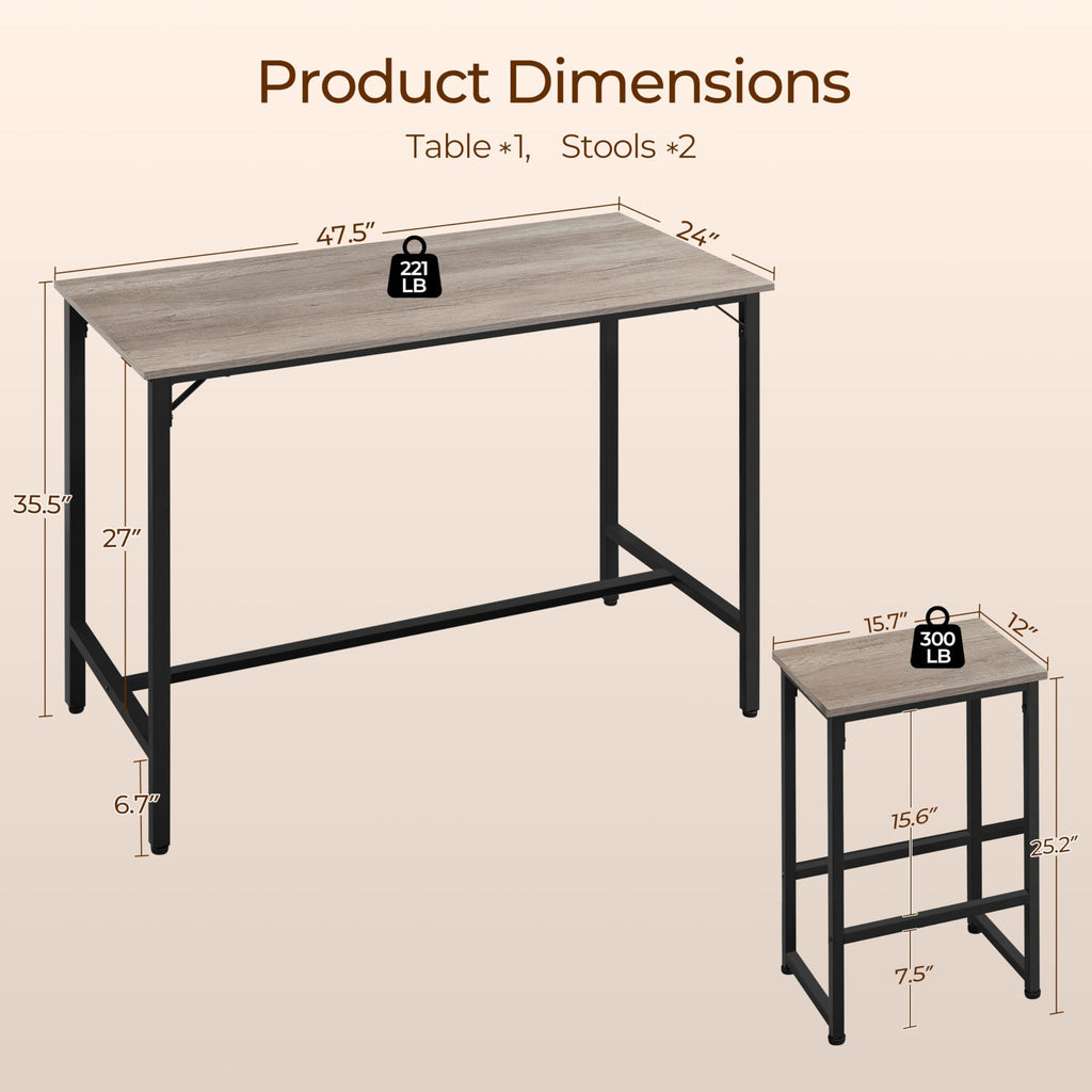Yaheetech 3 Piece Dining Table Set, 47.5' Industrial Bar Table Set, Counter Height Kitchen Table With Bar Stools Set Of 2, Kitchen Bar Height Table And Chairs For Dining Room, Small Space, Apartment