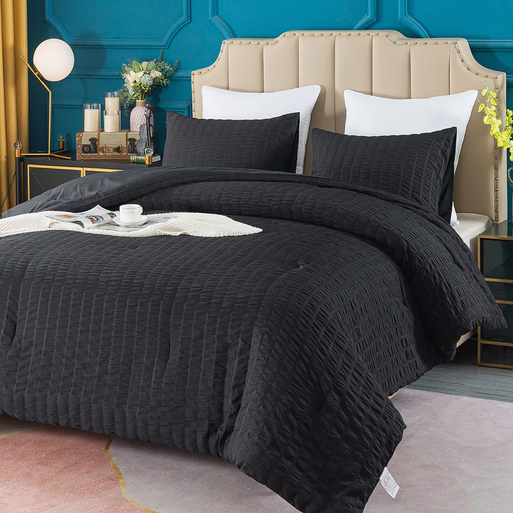 Avelom Black Seersucker Twin/Twin Xl Comforter Set (68X90 Inches), 2 Pieces-100% Soft Washed Microfiber Lightweight Comforter With 1 Pillowcase, All Season Down Alternative Comforter Set For Bedding