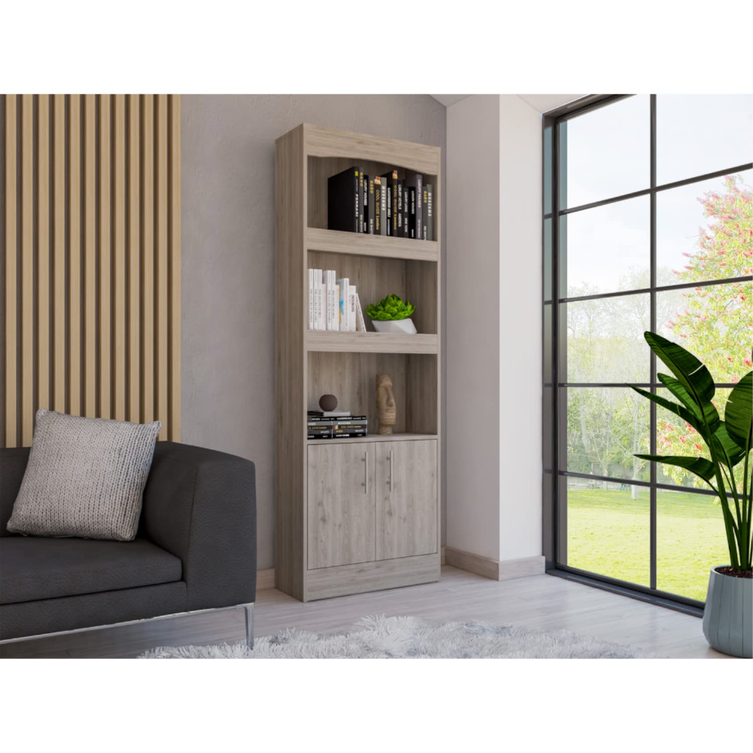 Dozza Bookcase with 3 Shelves, Double Door Cabinet, and Metal Handles, Light Gray