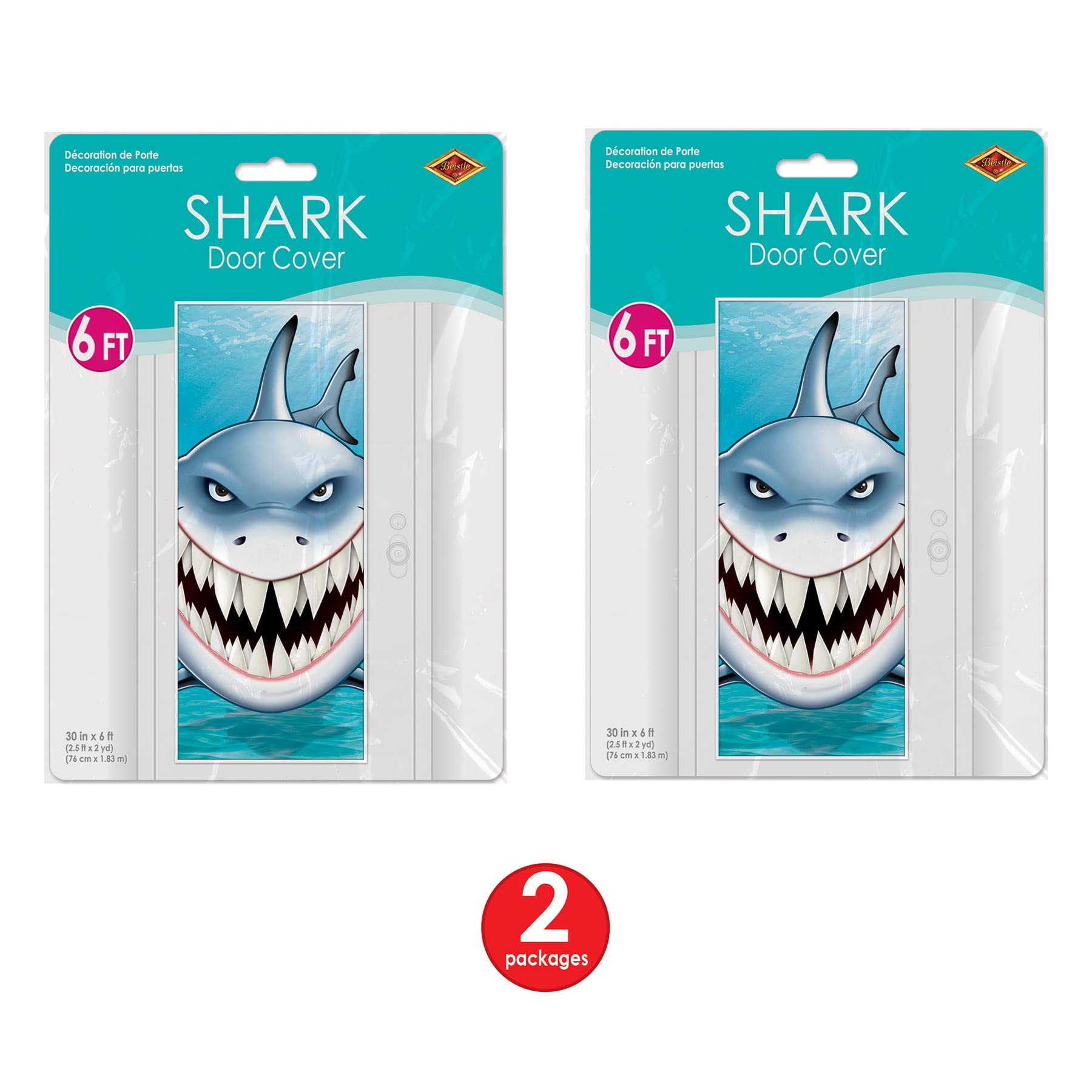 Beistle Plastic Shark Door Covers, 6' X 30', Set Of 2 - Under The Sea Nautical Party Supplies, Fish Themed Birthday Decorations