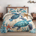 Wecozy Comforter Set King Size With 2 Pillowcases, Sea Turtle Coral 3 Pcs Bedding For Kids And Adults, Blue Ocean Shell Animal S