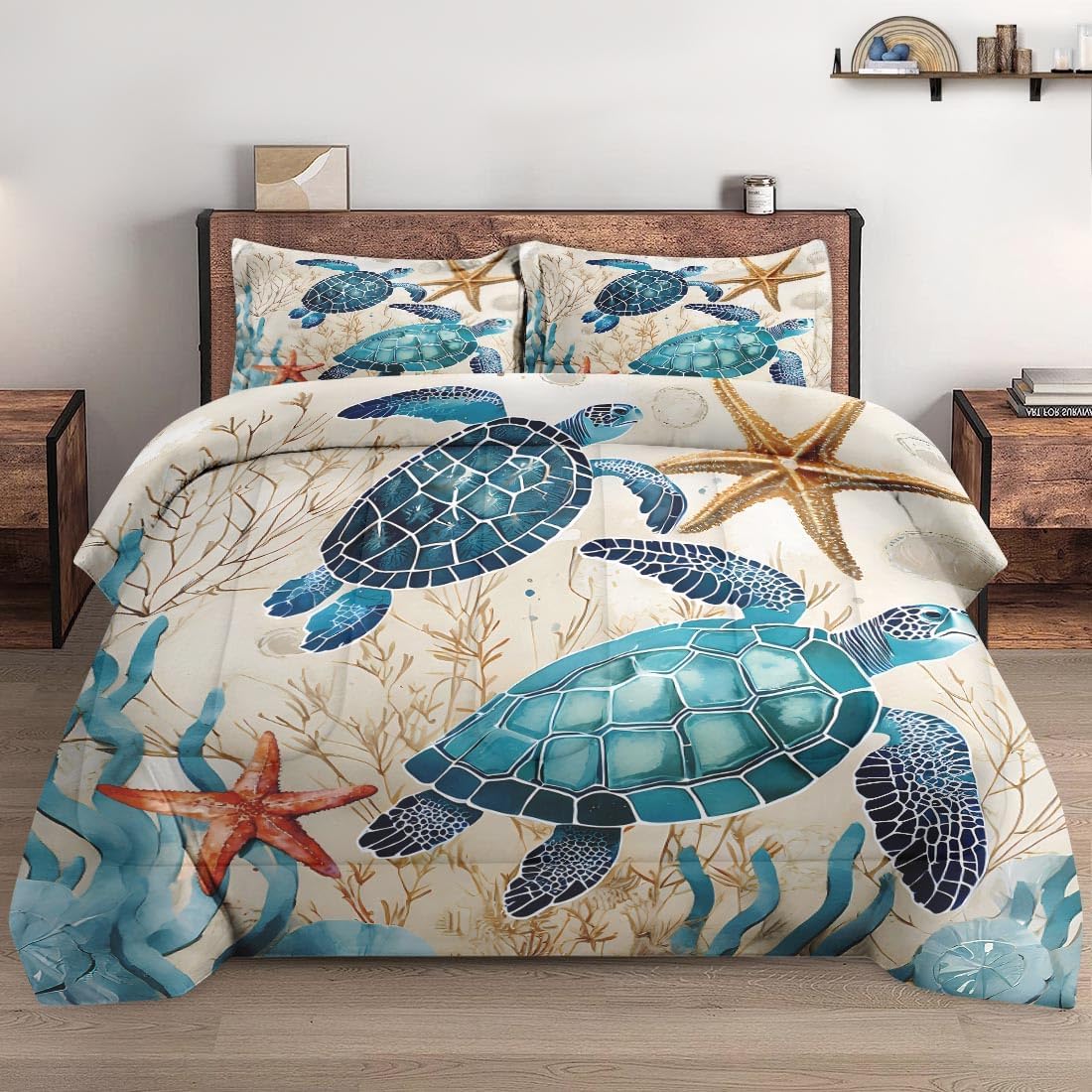 Wecozy Comforter Set King Size With 2 Pillowcases, Sea Turtle Coral 3 Pcs Bedding For Kids And Adults, Blue Ocean Shell Animal S