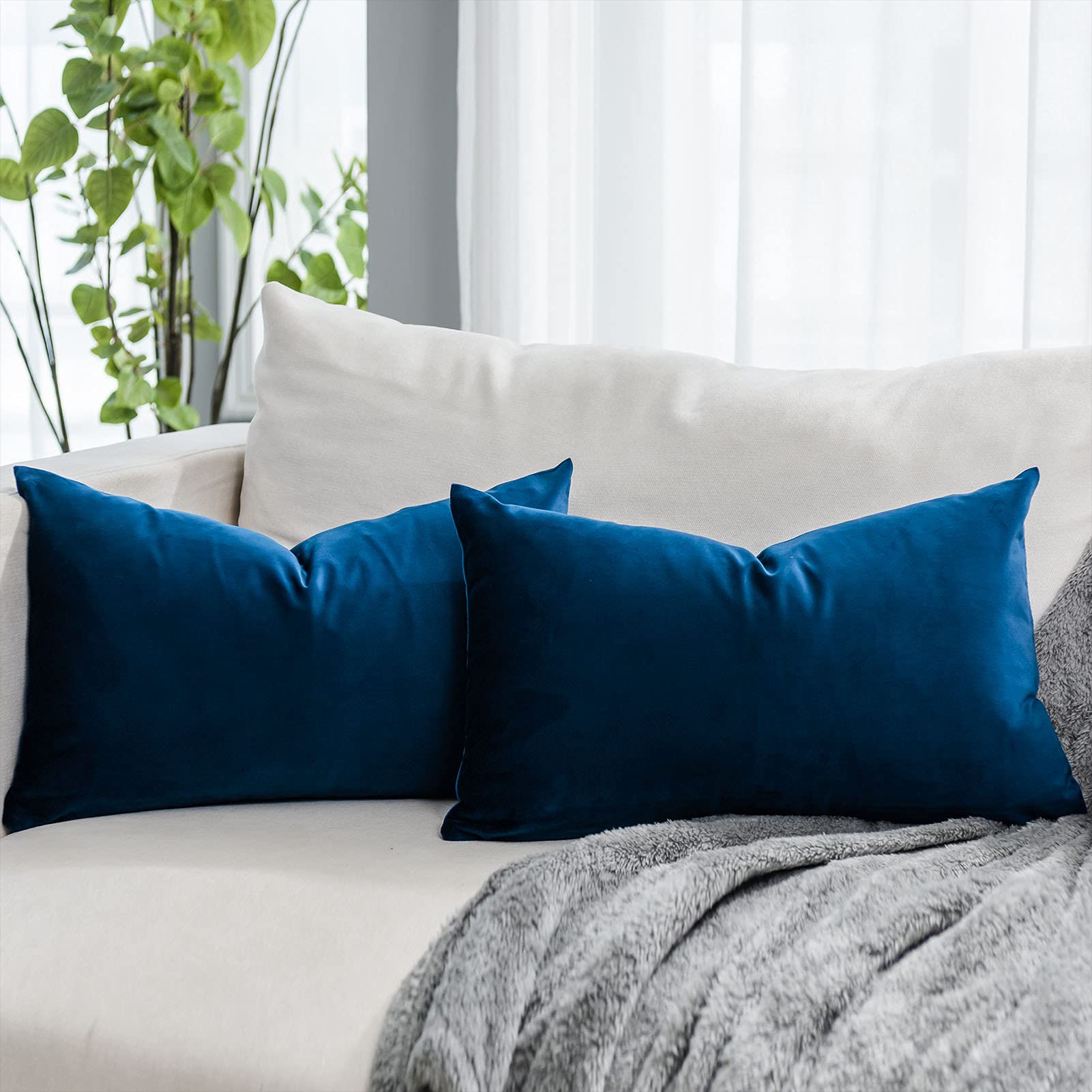 Quafoo Navy Blue Decorative Lumbar Velvet Throw Pillow Covers 12X20 Inch Set Of 2 With Zipper Luxury Soft Solid Rectangle Cushio