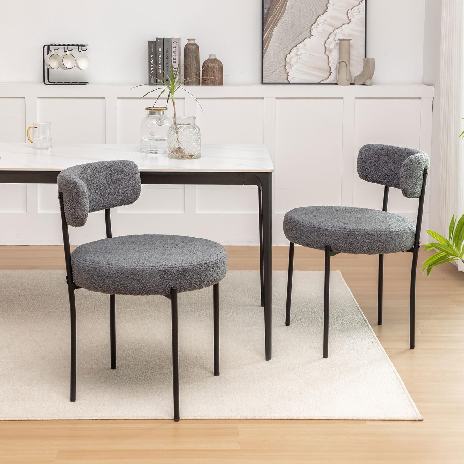 Riknuxi Boucle Dining Chairs Set of 2, Round Upholstered Dining Chairs with Black Metal Legs, Modern Dining Room Chairs for Dini