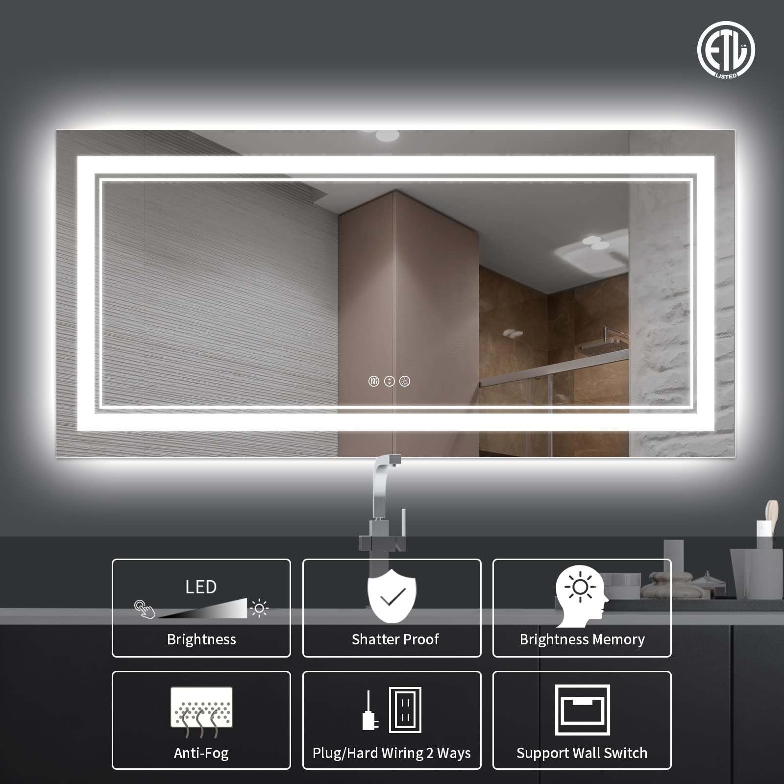 Istripmf 72X36 Inch Led Bathroom Mirror, Backlit And Front-Lit,Large Lighted Vanity Mirror With Lights,Anti-Fog,Dimmable,Etl Lis