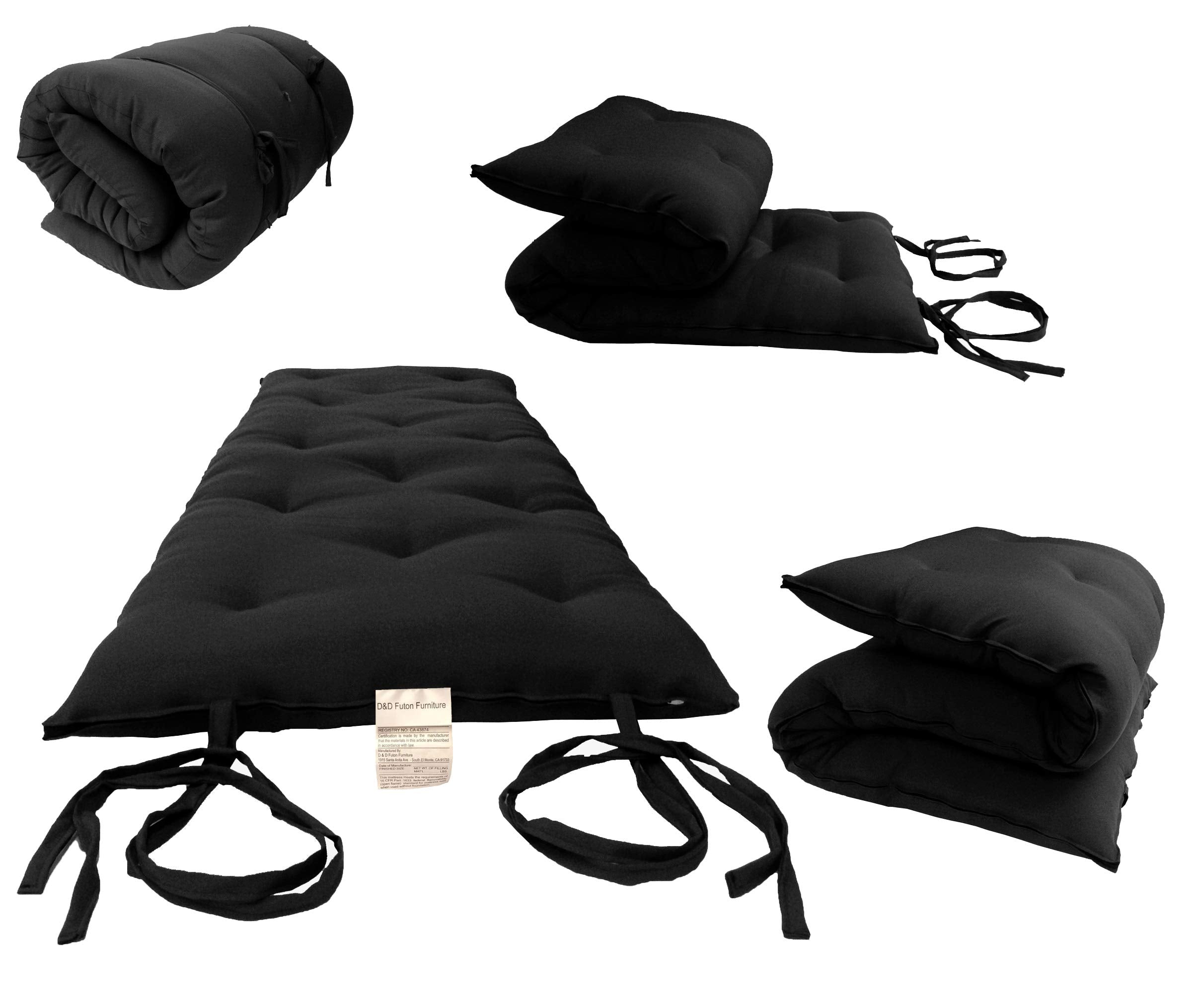 D&D Futon Furniture Cotton/Foam Floor Rolling Futon Mattresses, Yoga Meditation Mats, Black (Full Rv 3 X 48 X 74)