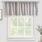 Roomtalks Rustic Farmhouse Kitchen Valances For Windows In Tan, 18’’L X 52’’W Boho Embroidered Striped Vintage Chic French Country Cottage Textured Tassel Curtain Valances For Bathroom Living Room