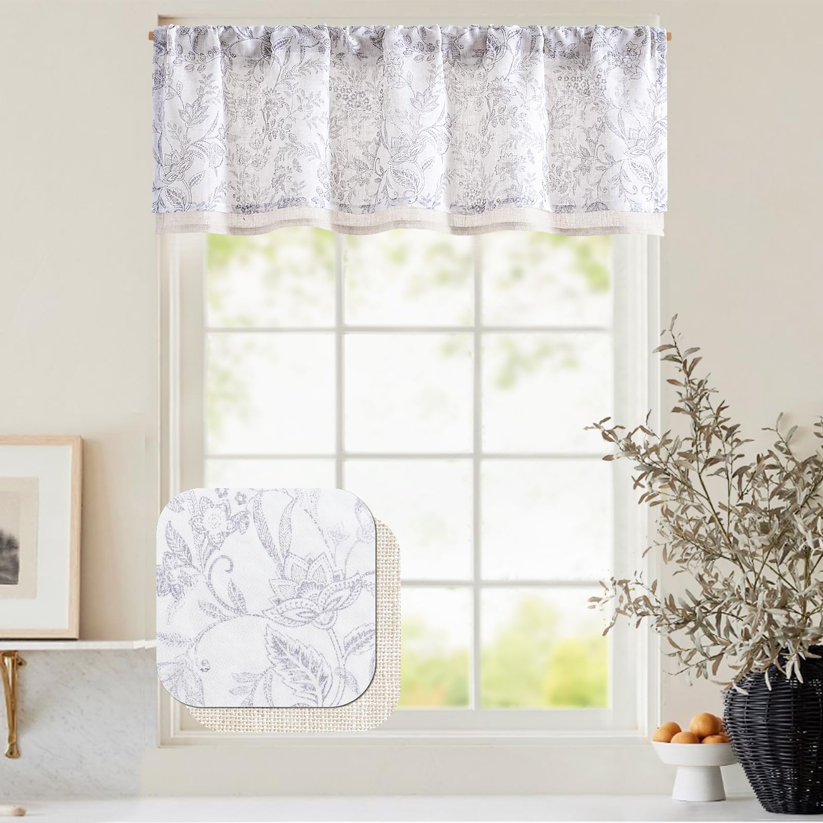 jinchan Sheer Valance for Window Floral Valance Curtain Light Filtering Voile Valance for Living Room Kitchen Botanic Farmhouse 
