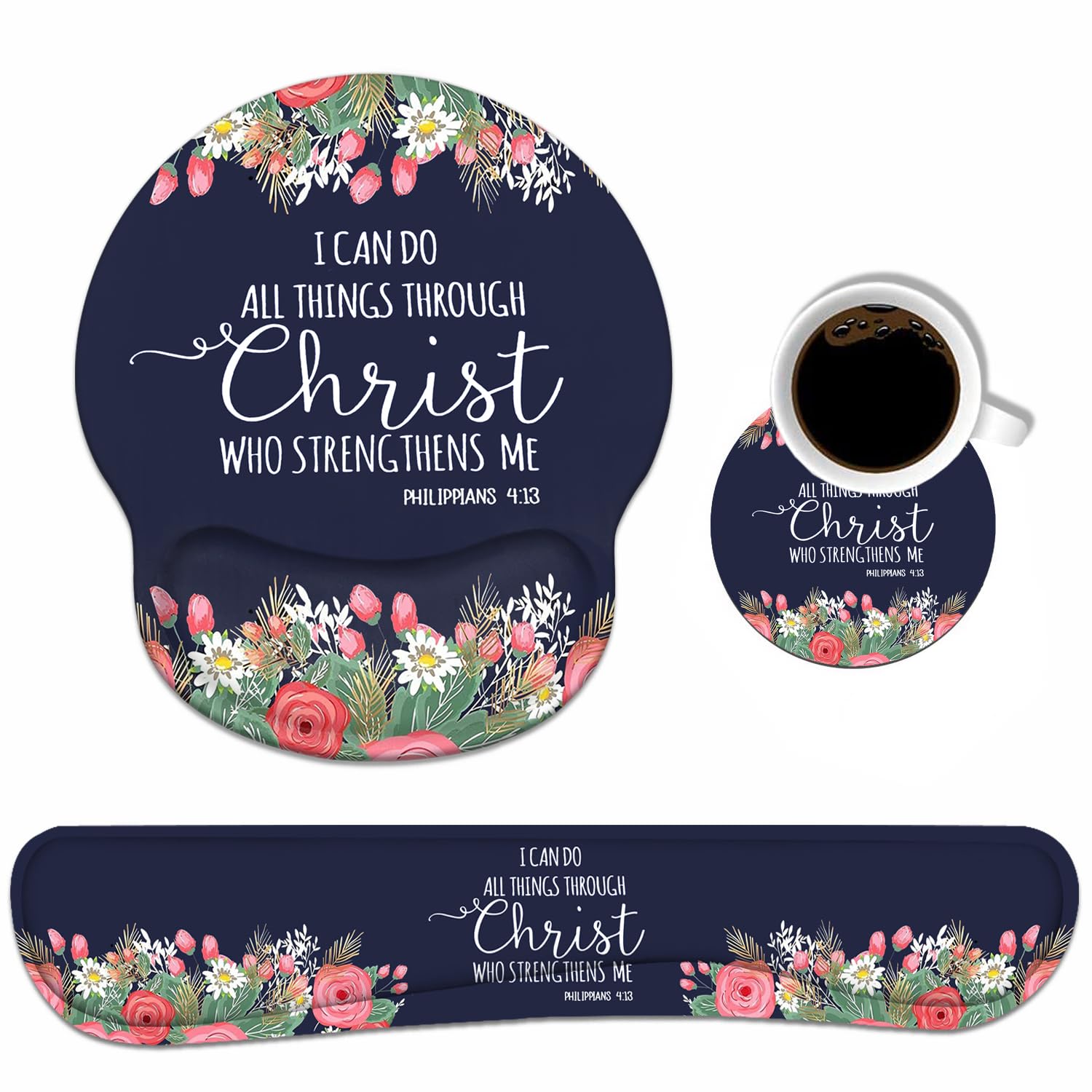 Keyboard Wrist Rest And Mouse Pad Wrist Support Set With Coasters, Floral Quote Bible Verse Philippians 4-13 Design With Non-Sli