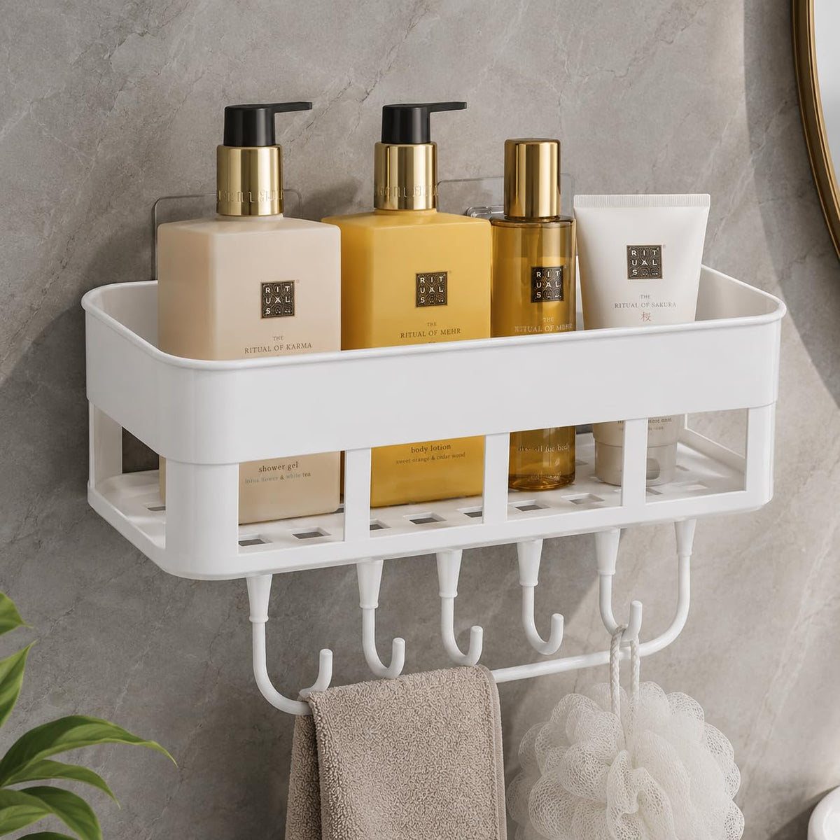 Aromix Bathroom Shelf Wall Mount, No Drill Space ABS Plastic Rack with Hooks for Shampoo Holder, Kitchen Storage Organizer, Mult