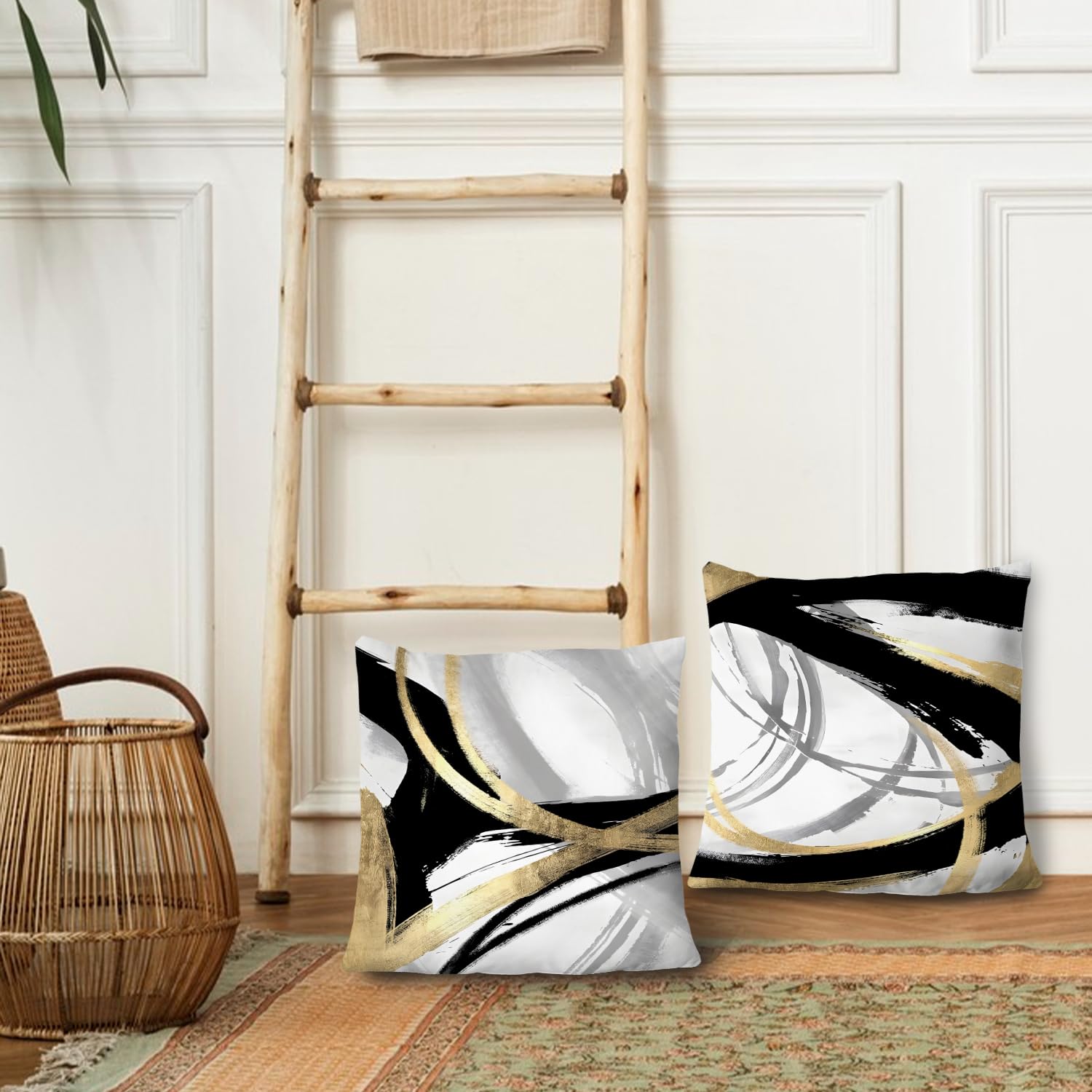 Supwhd Black White And Gold Pillow Covers, Abstract Black And Gold Pillow Covers 24X24 Set Of 2, Modern Boho Home Decor, Black A