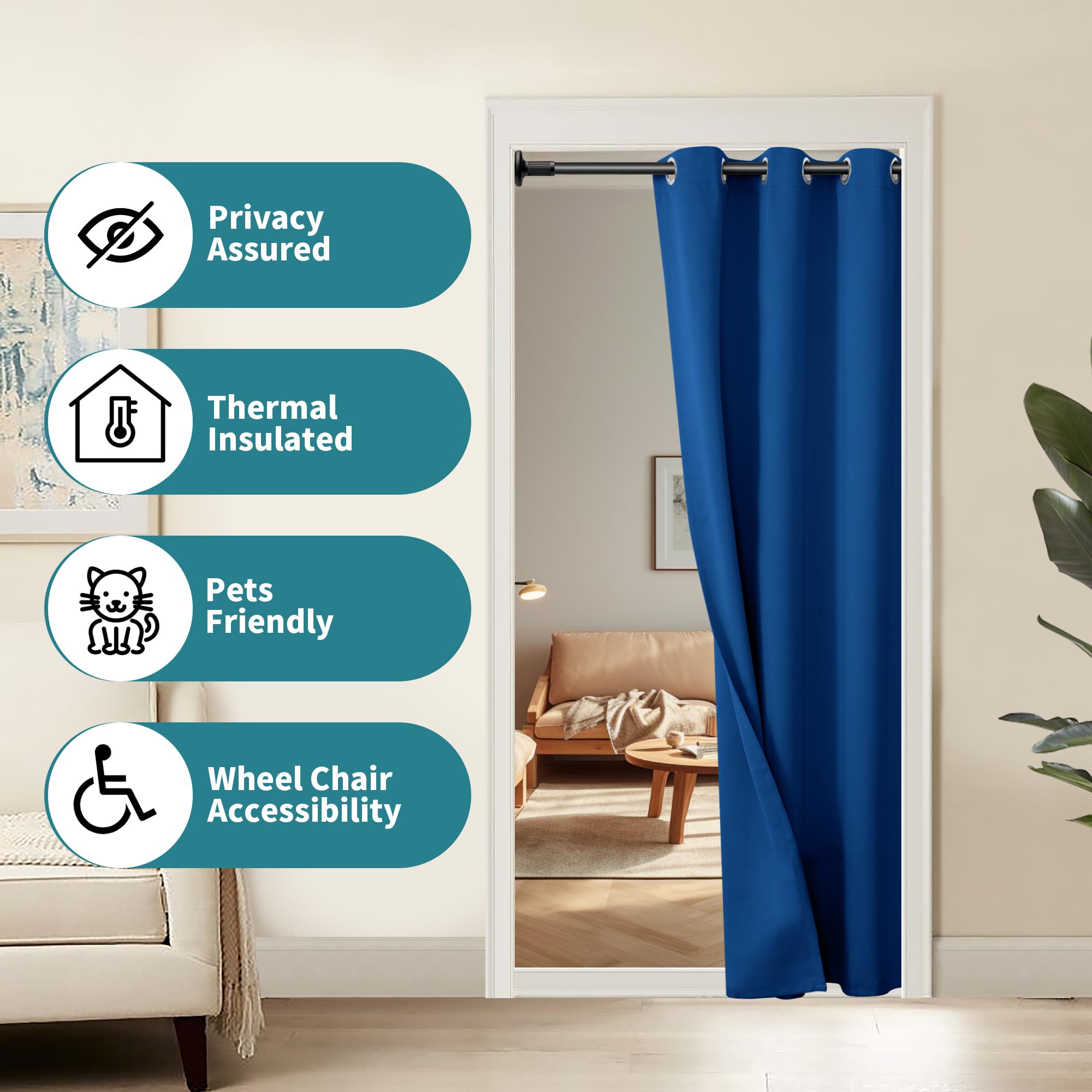 Bgment Royal Blue Door Curtain 80 Inch Length For Doorway, Bedroom Closet Curtain, Privacy Thermal Insulated Blackout Grommet Room Divider For Room Separation, 1 Panel, 34 Inch Wide