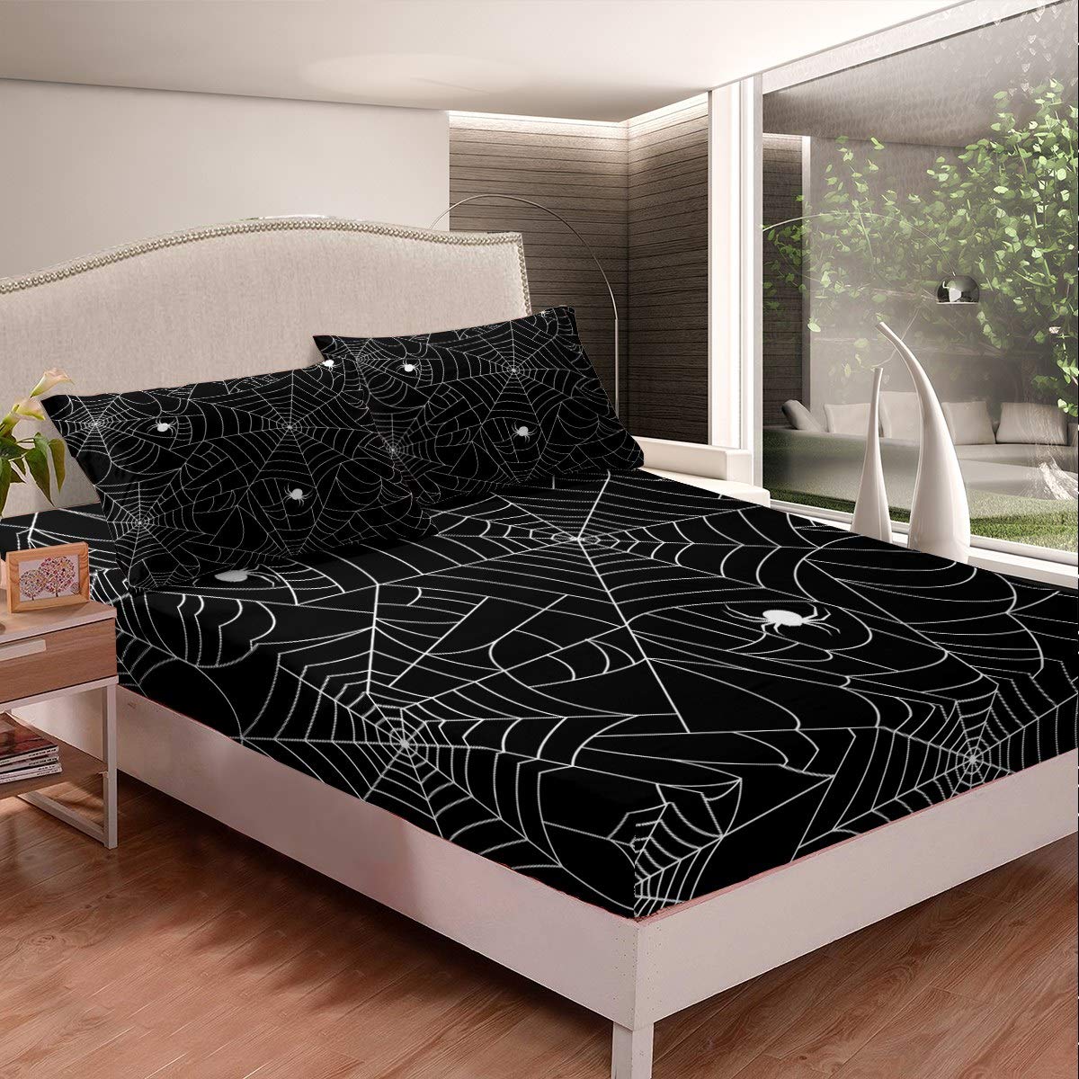 Boys Spider Web Printed Bedding Set for Kids Children Halloween Themed Bed Sheet Set Decorative Scary Spider Pattern Fitted Shee