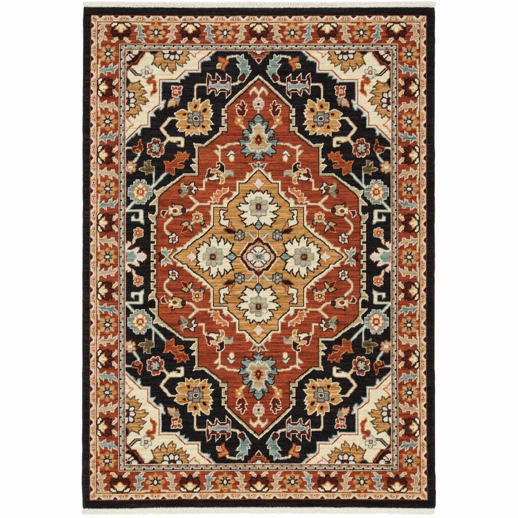 HomeRoots 509230 6 x 9 ft. Oriental Power Loom Stain Resistant Rectangle Area Rug with Fringe Black Orange & Beige