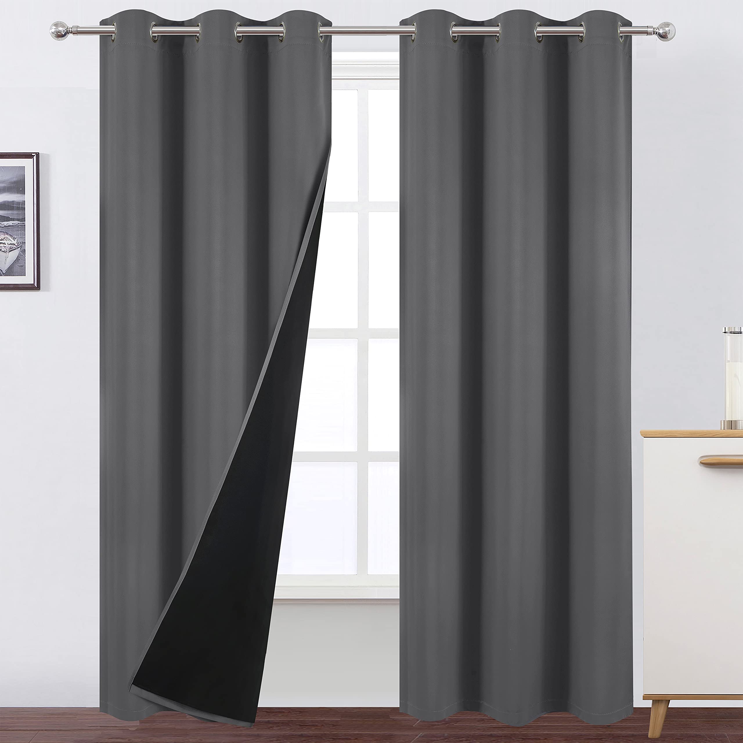 Lemomo 100% Blackout Curtains 40 X 84 Inch/Frost Grey Curtains 2 Panels With Black Lining Room Darkening Thermal Insulated Bedro