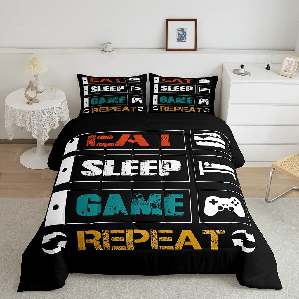 Boys Gaming Comforter Sets For Kids Twin Size Gamer Bedding Set Teens Video Games Comforter Duvet Room Decor Funny Creative Eat Sleep Game Repeat Design Reversible Inner Fill Quilt Set All Season