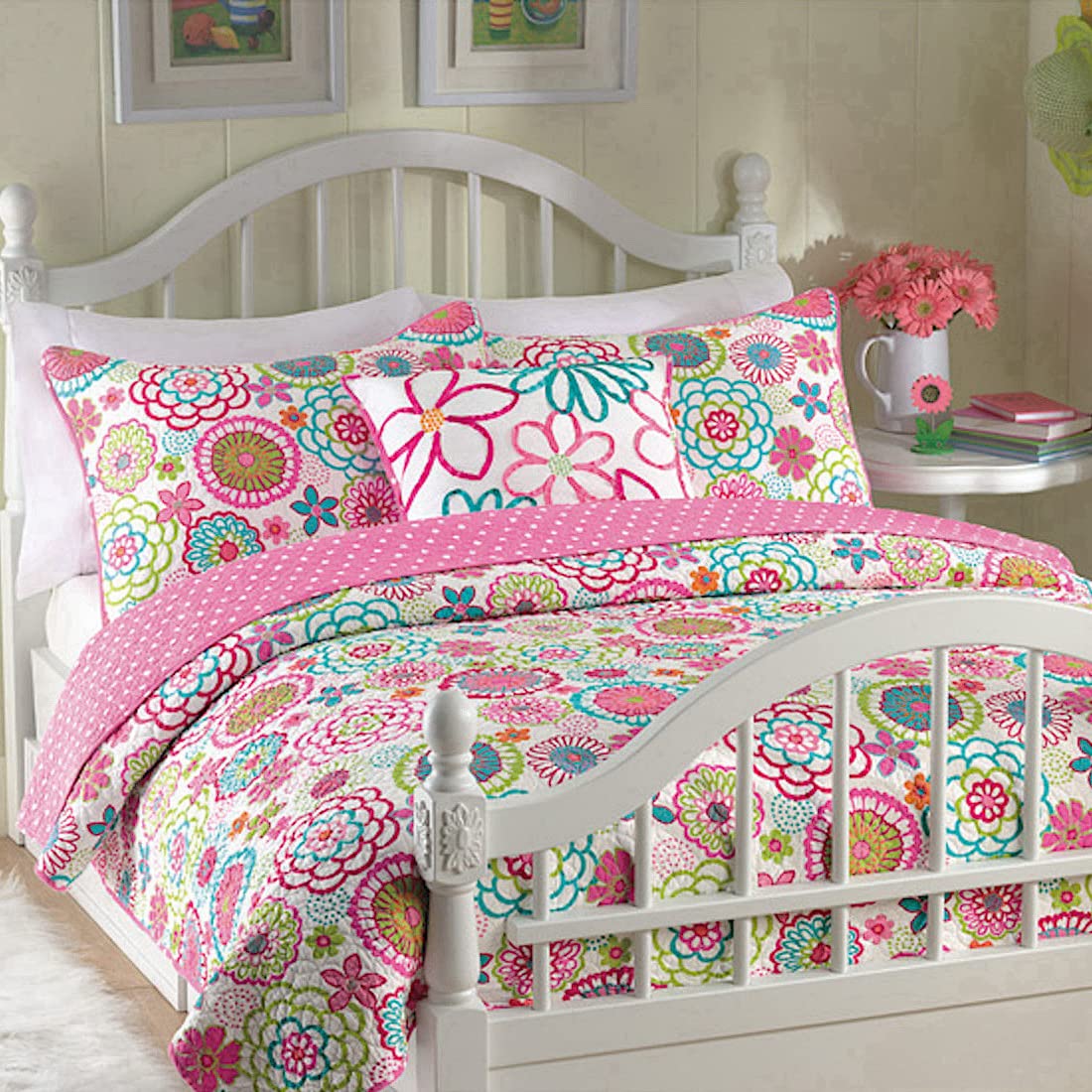 Cozy Line Home Fashions Pink Mariah Floral Polka Dot Reversible Quilt Bedding Set, Coverlet, Bedspreads For Girls (Twin - 3 Piec
