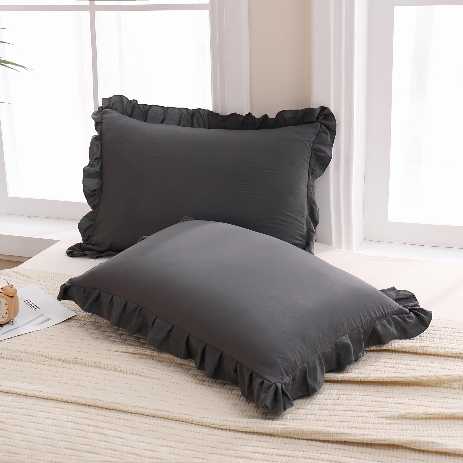 Merryword Dark Gray Pillow Shams Dark Gray Reversible King Pillowcases Cute Pillow Cover Set Of 2 Soft Shabby Chic Ruffled Pillo