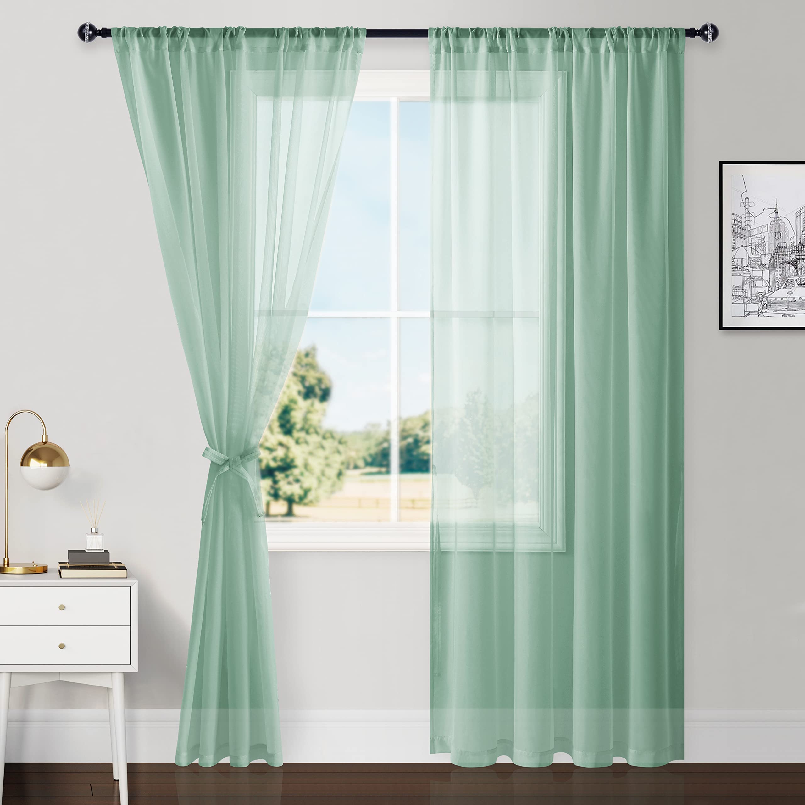 Hiasan Sheer Curtains For Living Room With Tieback, Airy Breathable Voile Textured Drapes Light Filtering Window Curtains For Be
