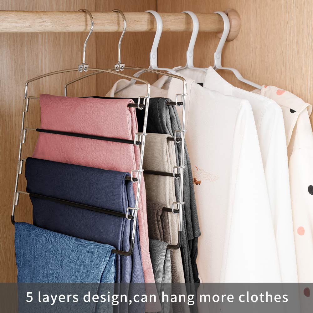 Feerahozer Pants Hangers Non Slip 3 Pack Space Saving Hangers Multi-Layer Swing Arm Pants Hanger Stainless Steel Space Saver Han