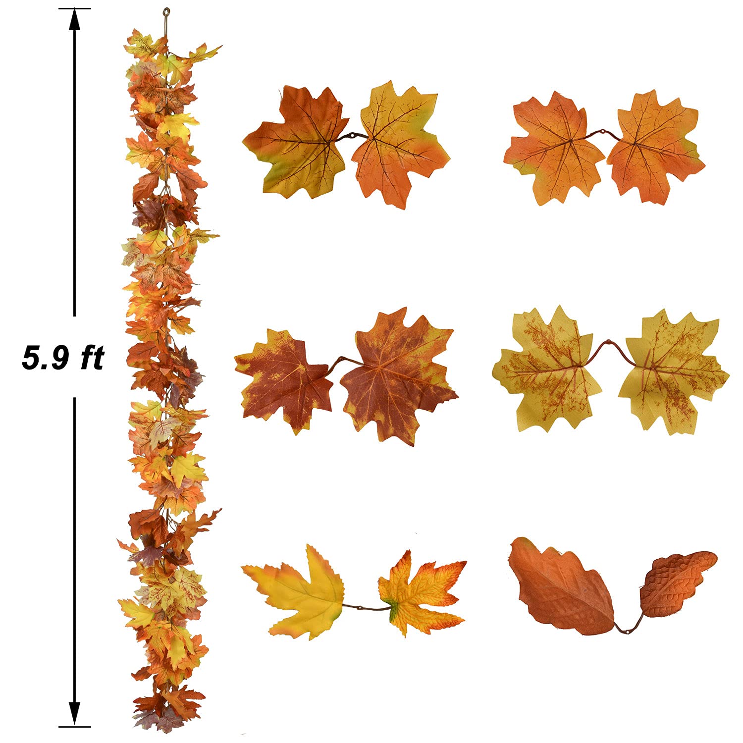 Lvydec 2 Pack Fall Garland - 5.9ft Artificial Maple Leaves in Yellow, Orange & Red for Home, Wedding, Halloween & Thanksgiving Decor