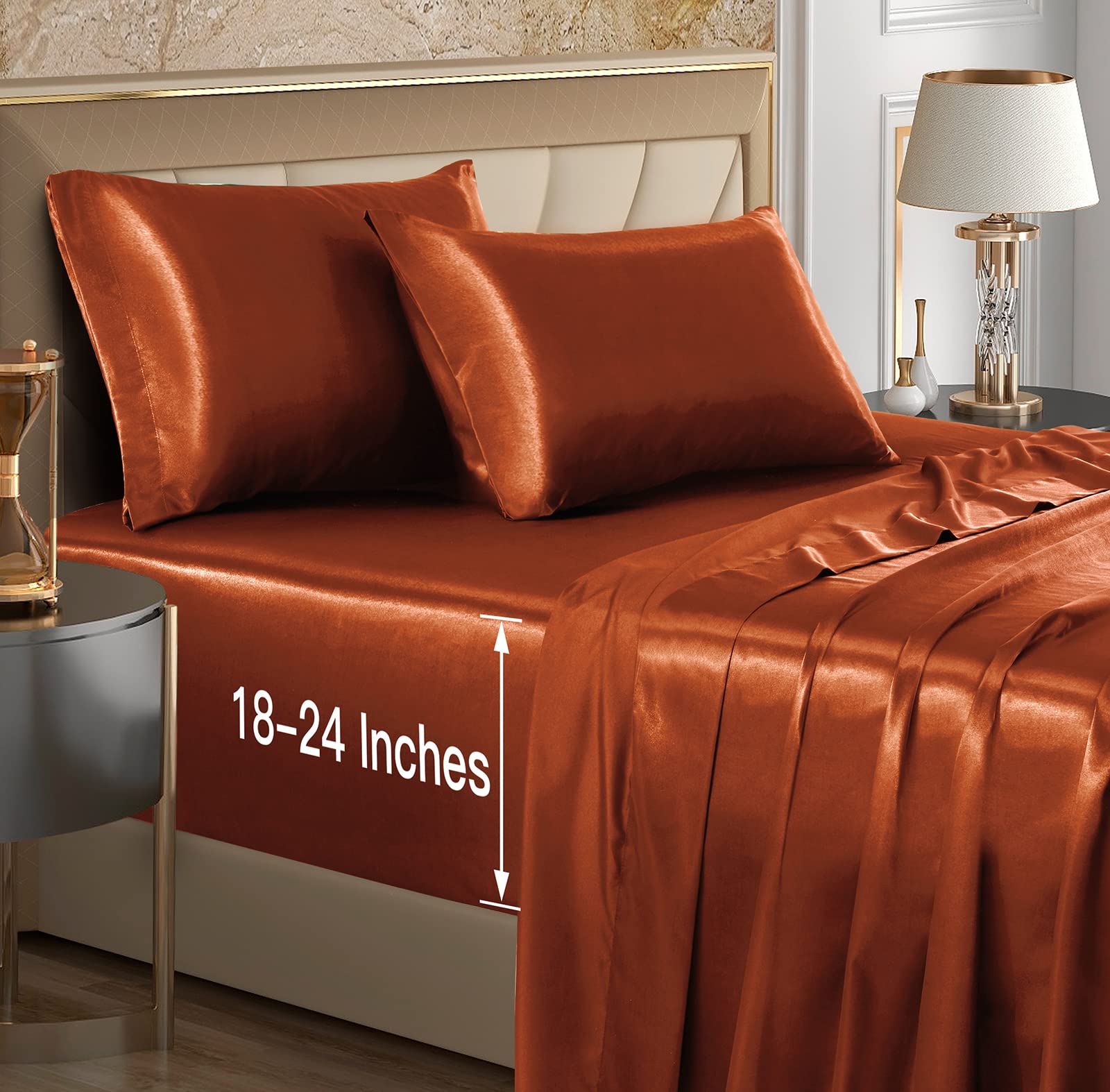 Vacvelt 4Pcs Extra Deep Pocket Satin Sheets Queen Size Bed Set, Burnt Orange Satin Sheet Set Fit 18-24 Inch Deep Pocket Mattress