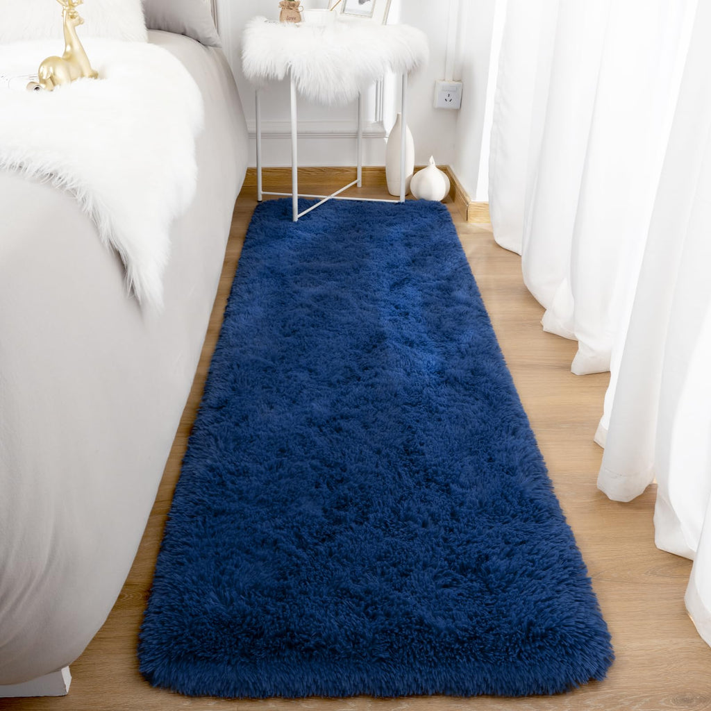 Terrug Fluffy Runner Rug For Bedroom Living Room, 2X6 Navy Area Rug Washable Shag Carpet, Super Soft Fuzzy Plush Non-Slip Cute M