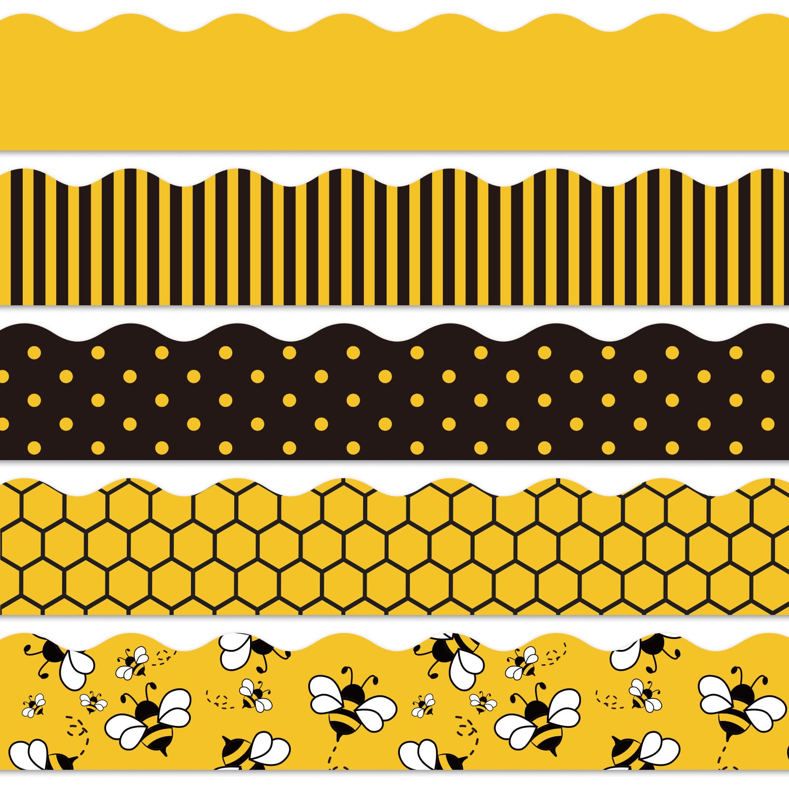Whaline 69Ft Bee Bulletin Board Borders Yellow Black Cartoon Bee Honeycomb Bulletin Board Stickers Spot Stripe Scalloped Border
