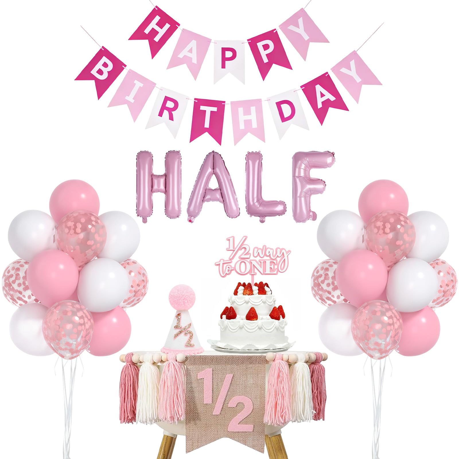 1/2 Birthday Girl Half Birthday Decorations - Pink Party Supplies with Banner, Hat, Cake Topper, and Balloons for 6 Months Baby