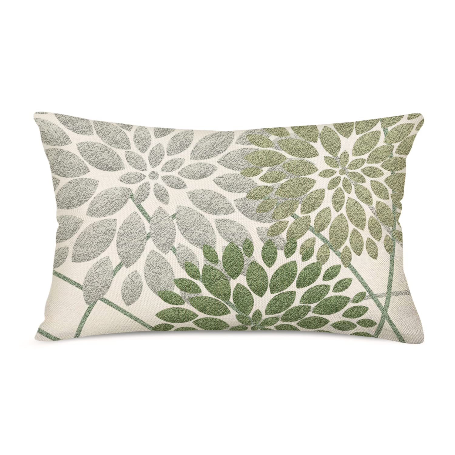Asamour Sage Green Decorative Dahlia Boho Lumbar Pillow Covers 12X20 Inch, Geometric Floral Elegant Gray Green White Decor Rusti