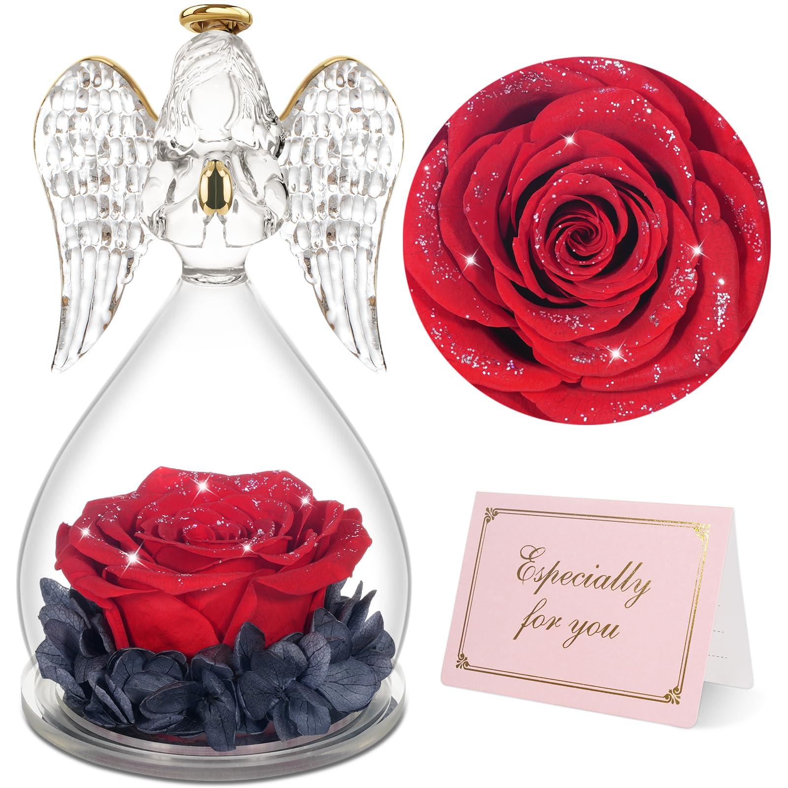Yamonic For Mom, Angel Figurines With Real Rose Gifts For Her Mom Grandma,Preserved Rose In Glass Angel Figurines For Mothers Da