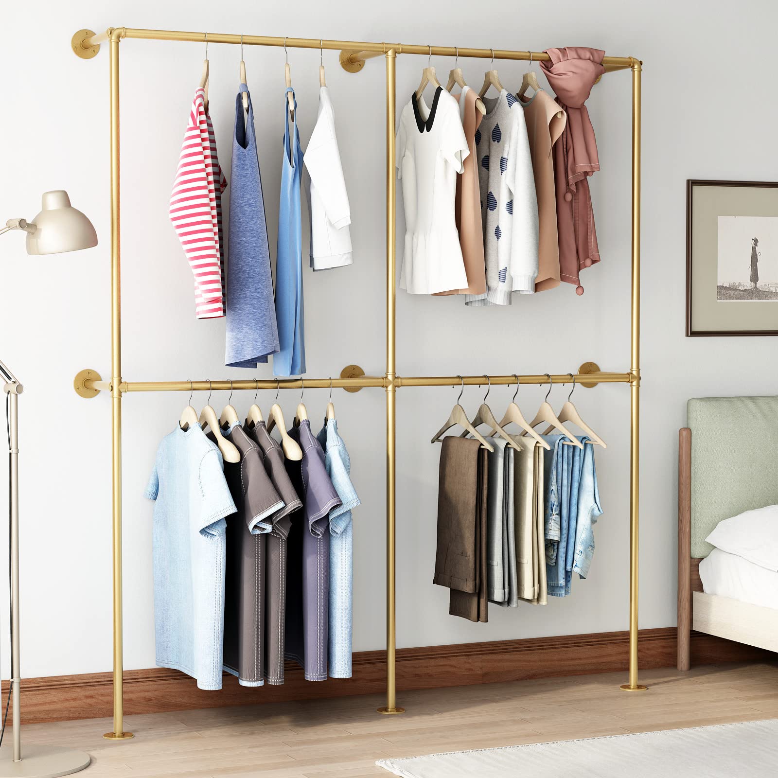 IronJiaZu Gold Wall Clothing Rack Wall Mount clothes Rack,Heavy Duty Pipe Clothing Rack Retail Display Hanging Rod for Closet St
