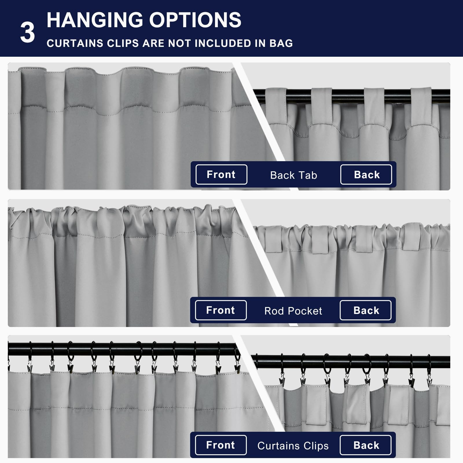Hiasan Blackout Curtains 84 Inches Long 2 Panels, Thermal Insulated Sliver Grey Window Treatment Sewn With Tiebacks, Back Tab &