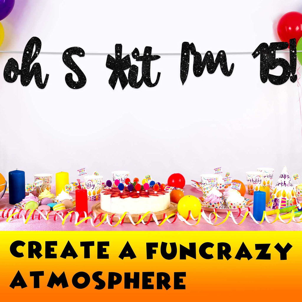 Oh Im 15! Banner Backdrop Glitter Black Hallo Fifteen Cheers To 15 Years Old Theme Decor For Boy Girl Happy 15Th Birthday Party