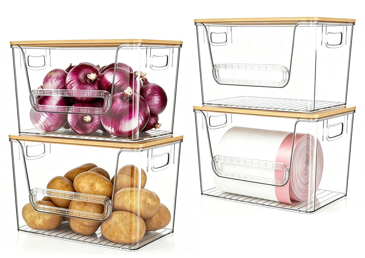4 Pack Pantry Organizers and Storage with Bamboo Lids