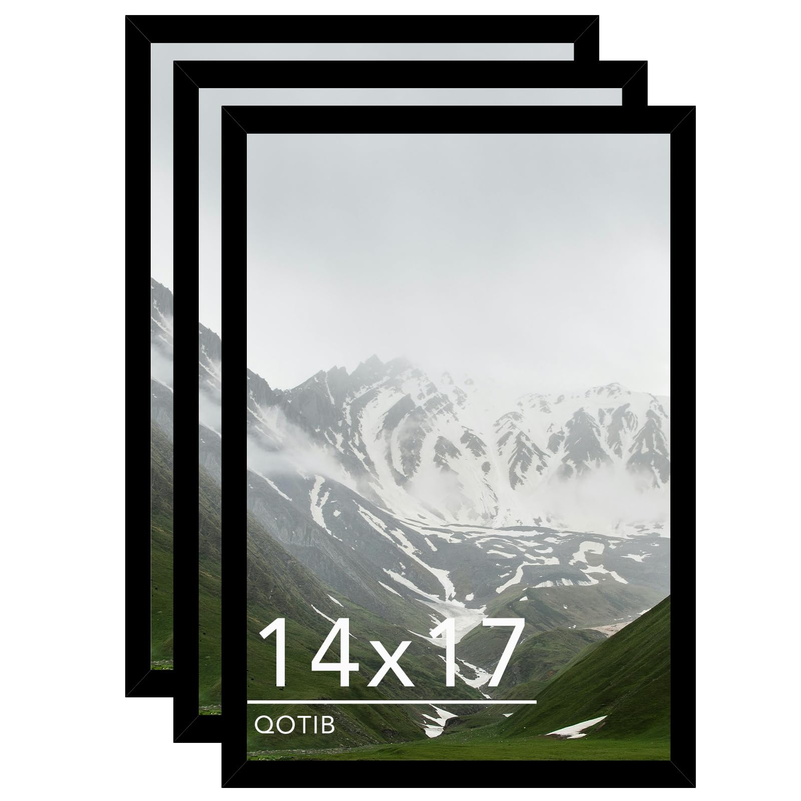 QOTIB 14x17 Picture Frame Black for Wall Mounting Set of 3, Horizontal and Vertical Formats for Wall Hanging, Wood 14x17 Frame, 
