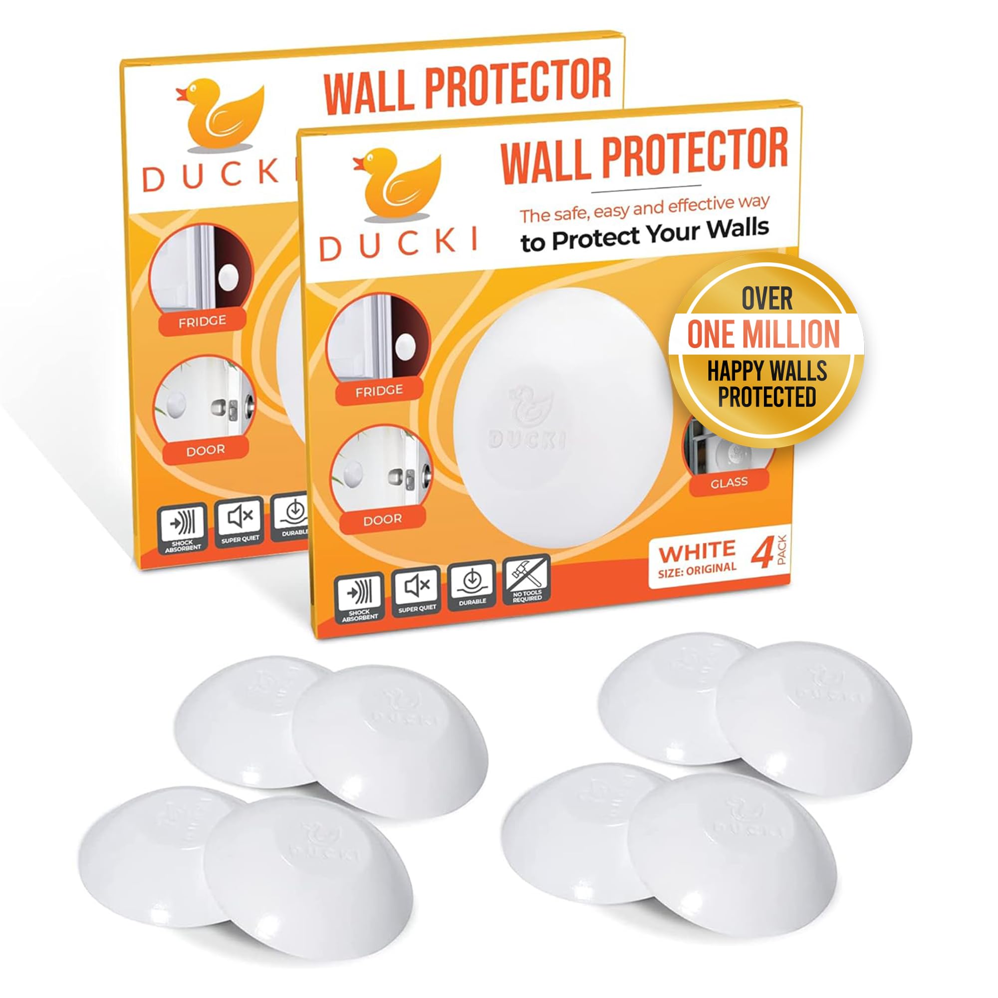 Ducki Wall Protectors - 8 Pack White - Self Adhesive, Reusable Solution For Stopping Wall Damage & Noise From Doors, Refrigerato