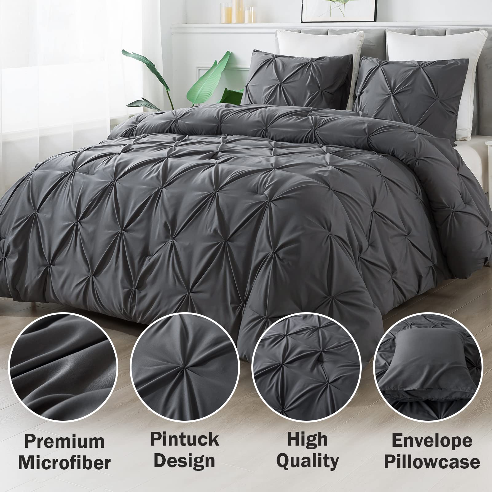 Andency Gray Pinch Pleat Comforter Twin(66X90Inch), 2 Pieces(1 Grey Pintuck Comforter And 1 Pillowcase) Microfiber Down Alternative Comforter Bedding Set