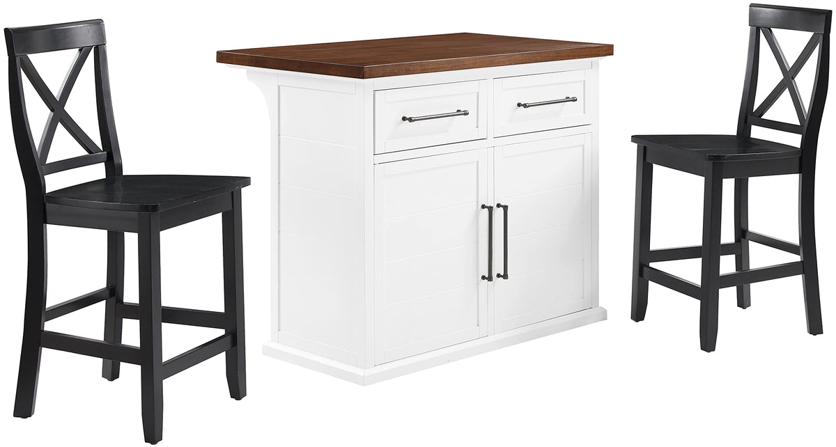 Crosley Furniture Bartlett Kitchen Island with Wood Top and X-Back Stools, White/Black