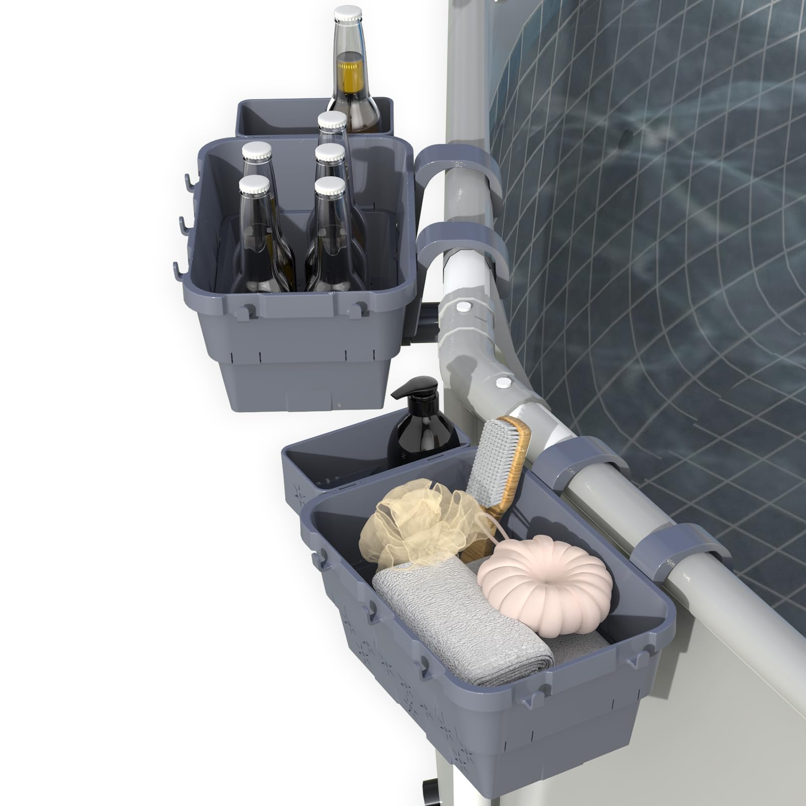 Salmoph Poolside Storage Basket With Cup Holder Hooks,Stretchable Pool Toy Basket For Most Frame Pools Pool Accessories For Abov