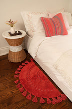 Bien Beau Half Circle Bohemian Bathroom Rug With Tassels & Crochet Insert -100% Cotton - Half Round Boho Bedroom Rug-Red Paprika