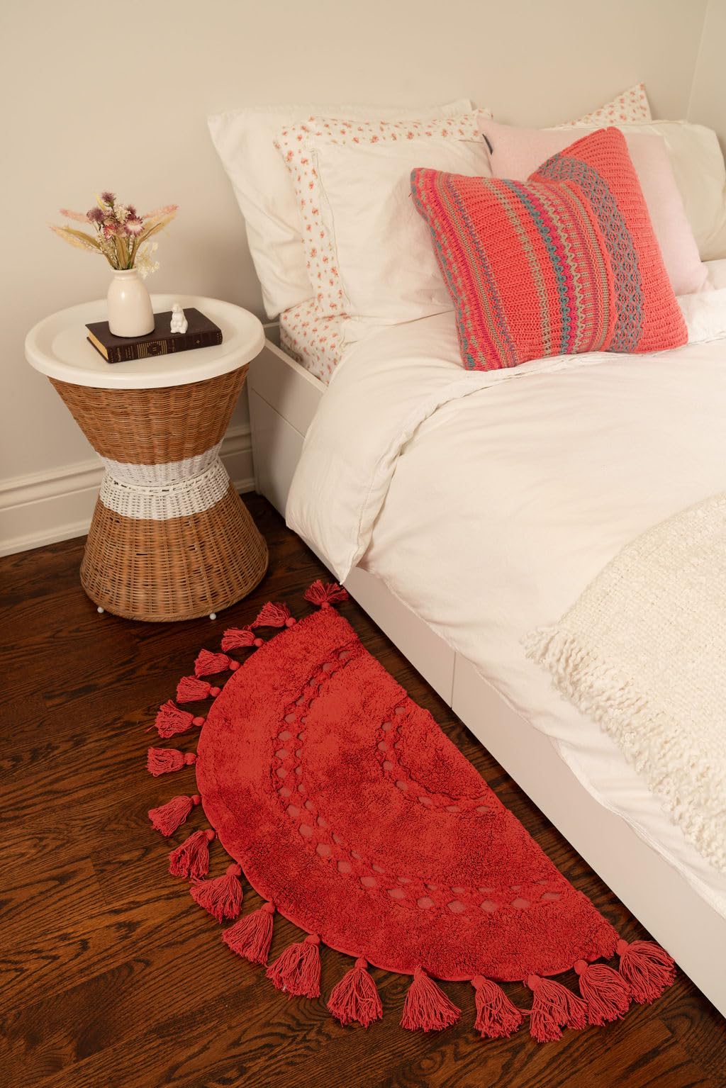 Bien Beau Half Circle Bohemian Bathroom Rug With Tassels & Crochet Insert -100% Cotton - Half Round Boho Bedroom Rug-Red Paprika