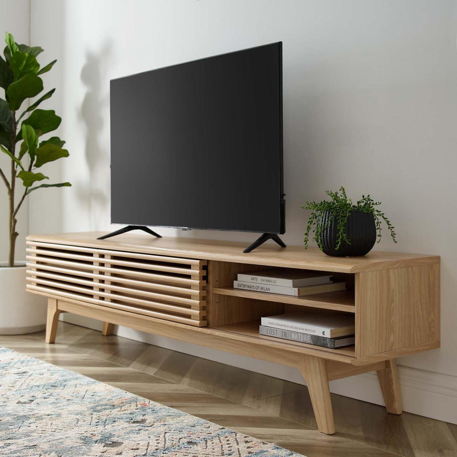 Modway Render Mid-Century Modern Low Profile 70 Inch TV Stand in Oak, 70&quot;