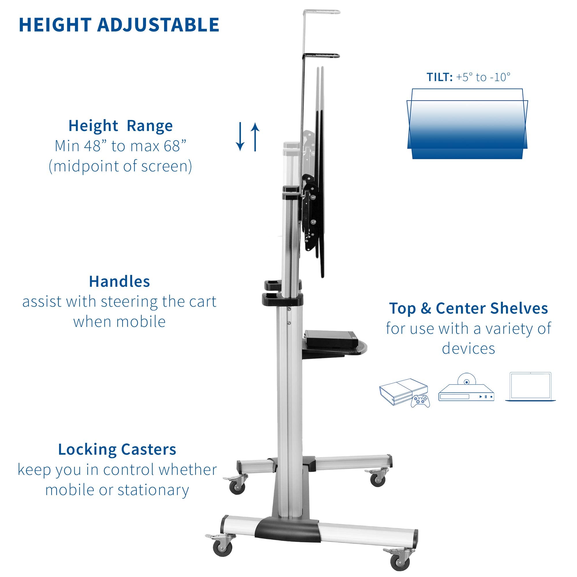 VIVO Ultra Heavy Duty TV Stand Rolling Cart Mount STAND-TV22S Silver Alloy Steel Aluminum 32-100 inch