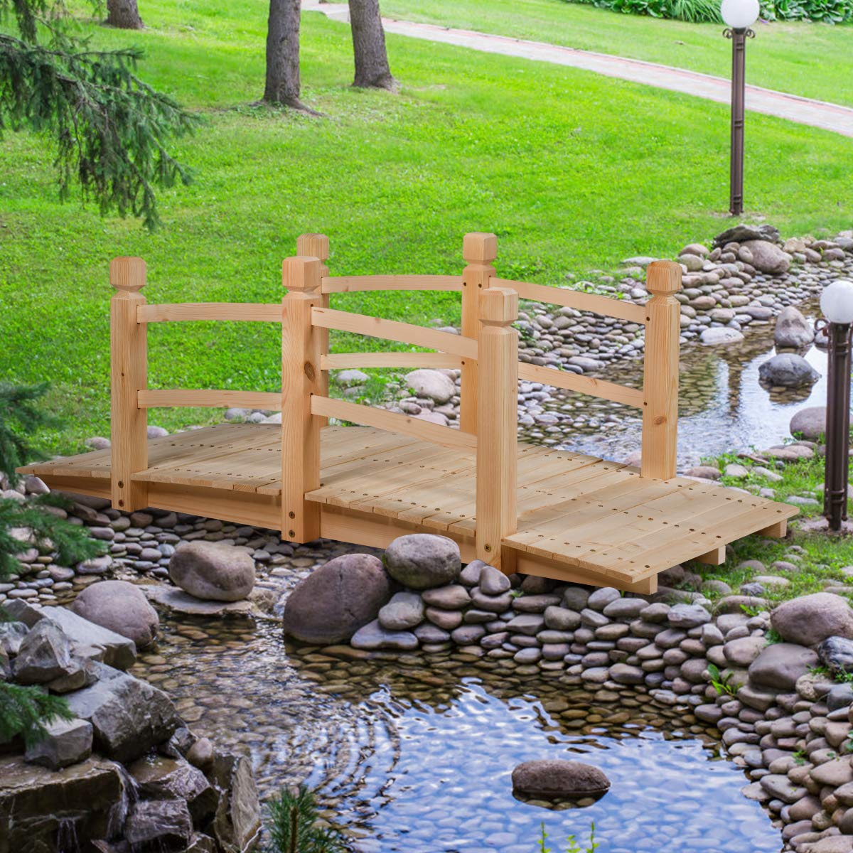 Giantex 5 Ft Wooden Garden Bridge, Classic Wood Arc Footbridge With Railings, 400 Lbs Capacity, Decorative Pond Bridge For Outdo