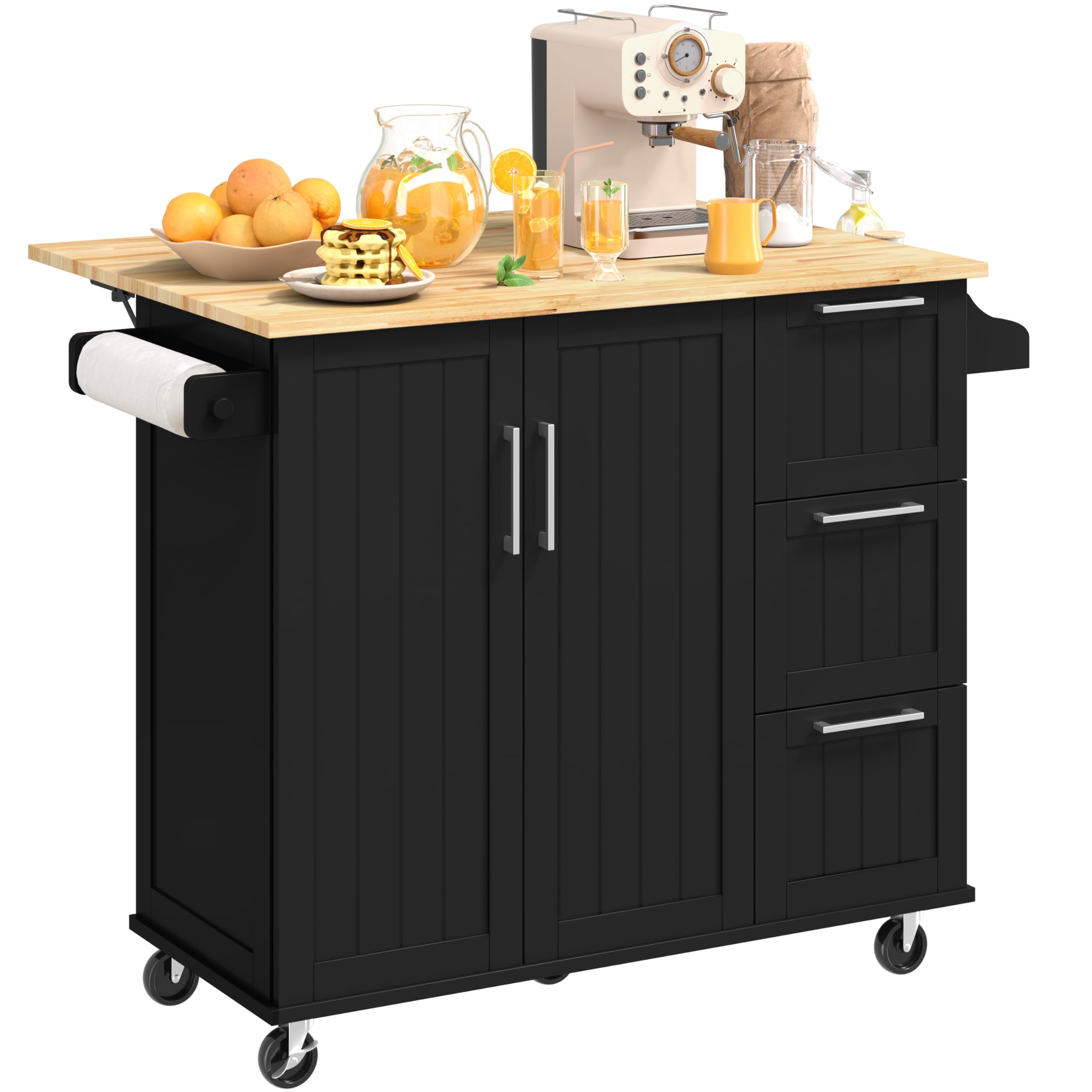 Yaheetech Kitchen Island Cart With Drop-Leaf Countertop, Rolling Kitchen Island Breakfast Bar Table On Wheels With Storage Cabinet & 3 Drawers & Spice Rack For Dinning Room, 49 Inch Width, Black