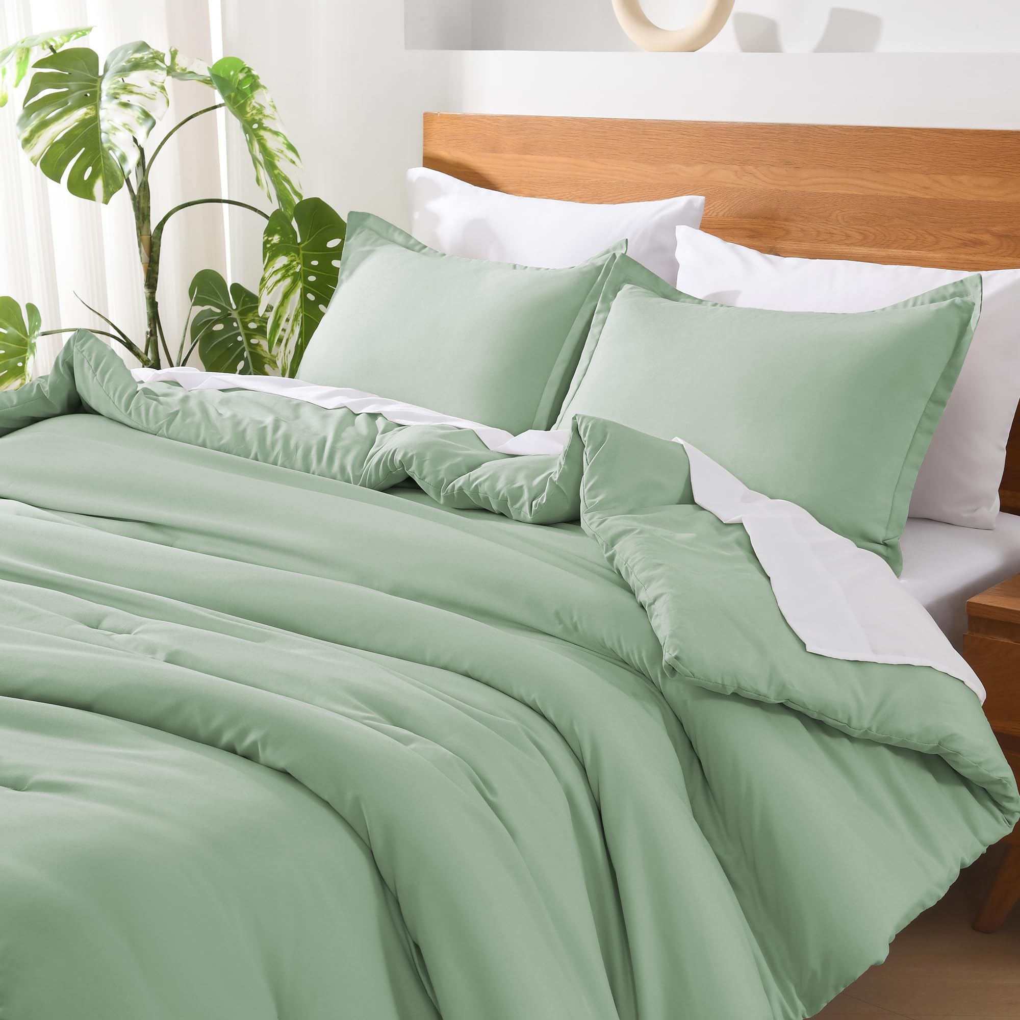 Andency Sage Green Queen Comforter Set - 7 Pieces Bed In A Bag Queen Bedding Comforter Sets, Summer Solid Soft Lightweight Comforter With Fitted Sheets, Flat Sheets, Pillowcases & Shams