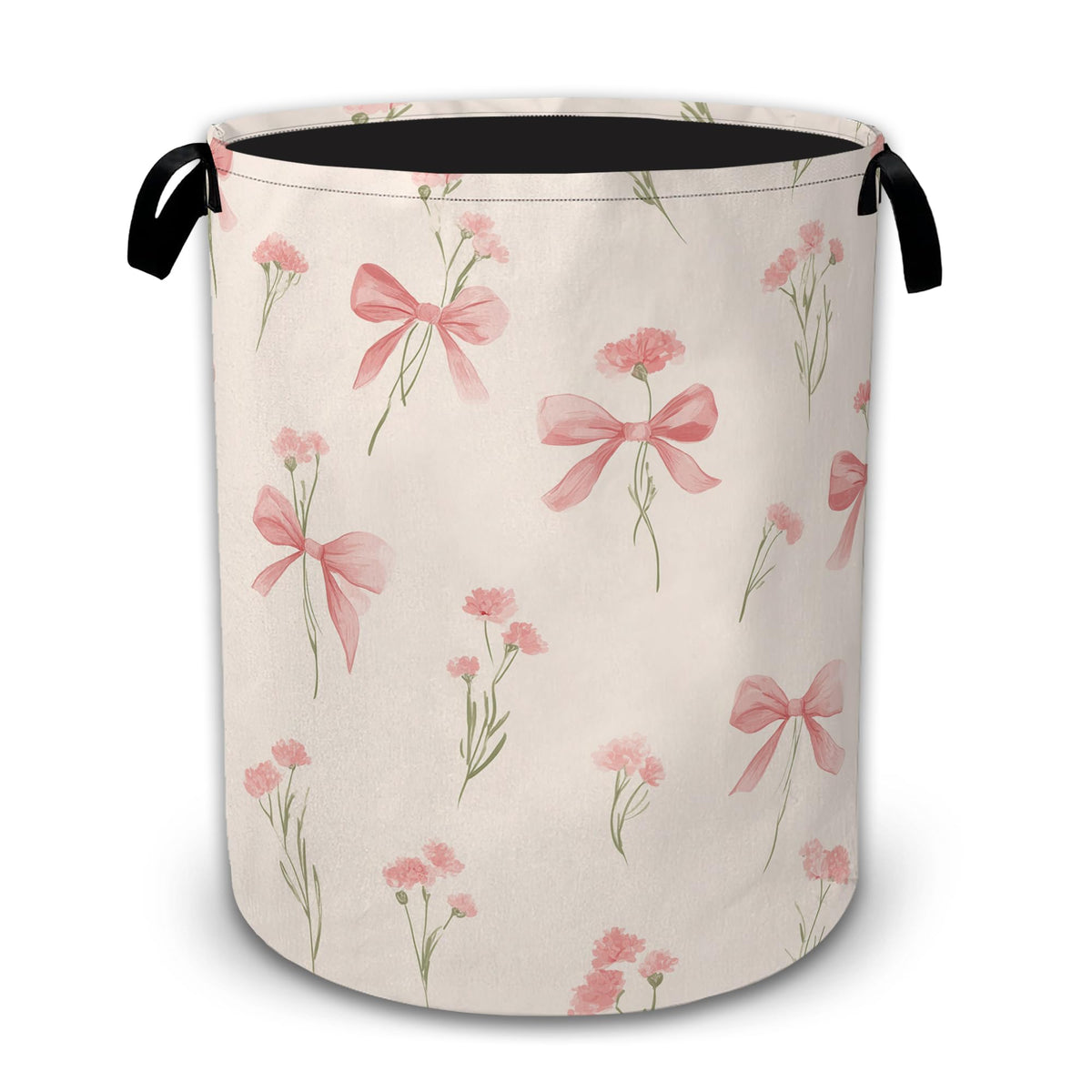 Pink Bow Wildflower Laundry Basket with Handles, Foldable Tall Oxford Clothes Hamper, Lightweight WaterResistant Storage Bin fo
