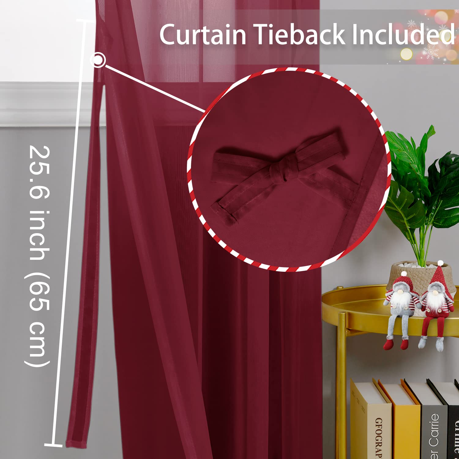 Hiasan Sheer Curtains For Bedroom With Tiebacks, Grommet Light Filtering Extra Wide Voile Texture Window Curtains For Living Room, Kids' Room And Nursery, Burgundy, W70 X L84, 2 Soft Drape Panels