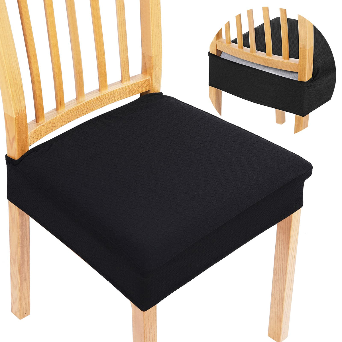 Smiry Stretch Jacquard Chair Seat Covers, Removable Washable Anti-Dust Chair Seat Protector Slipcovers For Dining Room, No Rear Covers - Set Of 4, Black